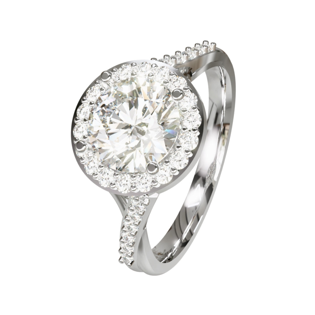 Lab Grown Diamond Round Halo Twist Shoulder Set Ring (In Stock)