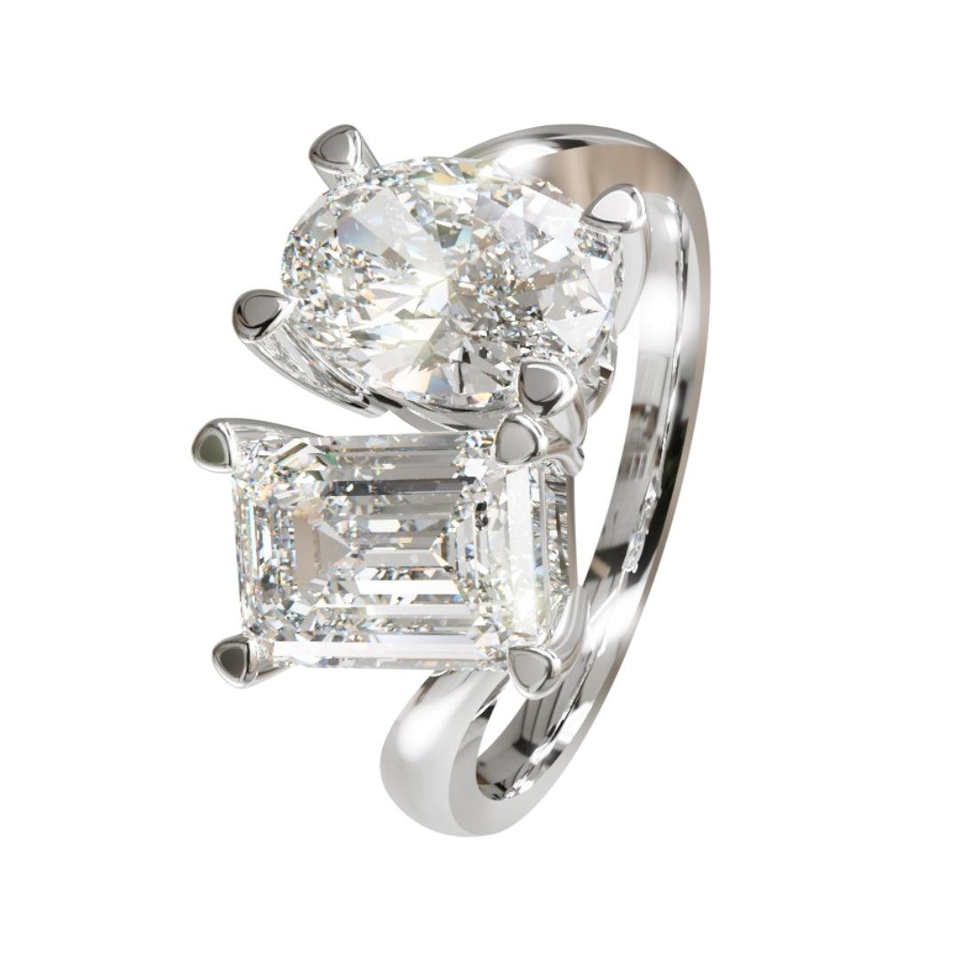 Lab Grown Diamond Two Stone Emerald & Oval Twist Ring